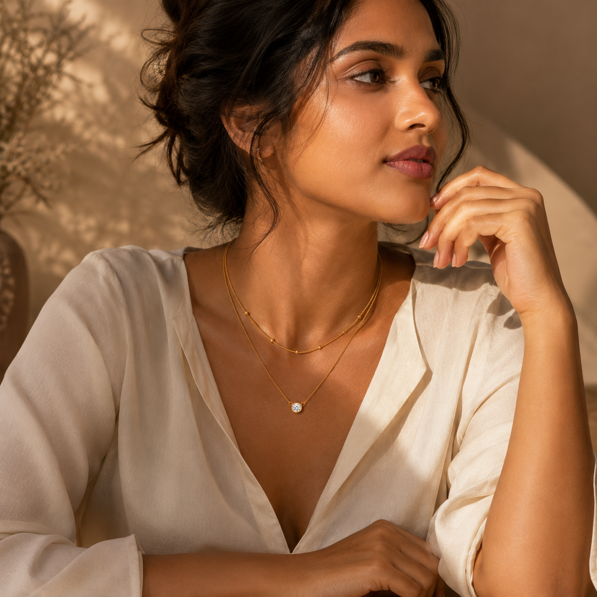 Duo Beaded & Clear Solitaire LAYERED Necklace | Gold-Tone - For Women | Includes: Necklace