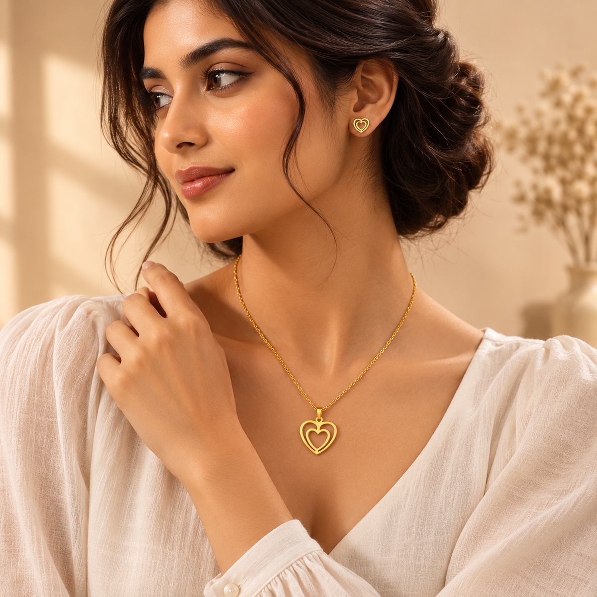 Together DOUBLE HEART Necklace & Earrings Set | Gold-Tone - For Women | Includes: Necklace & 1 Pair of Earrings