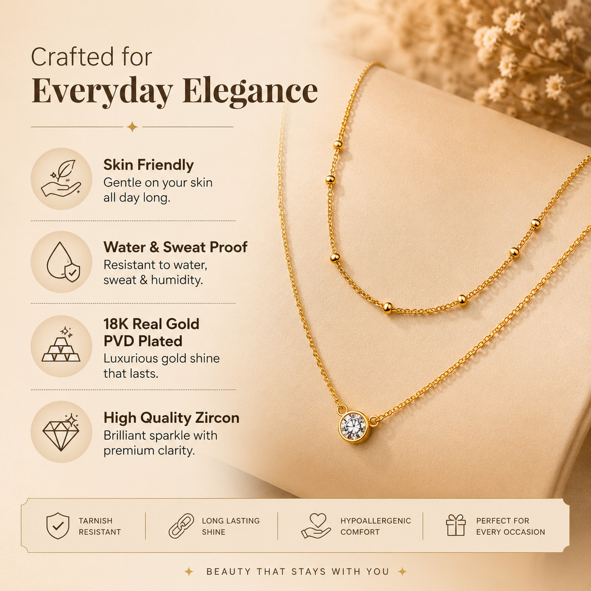 Duo Beaded & Clear Solitaire LAYERED Necklace | Gold-Tone - For Women | Includes: Necklace