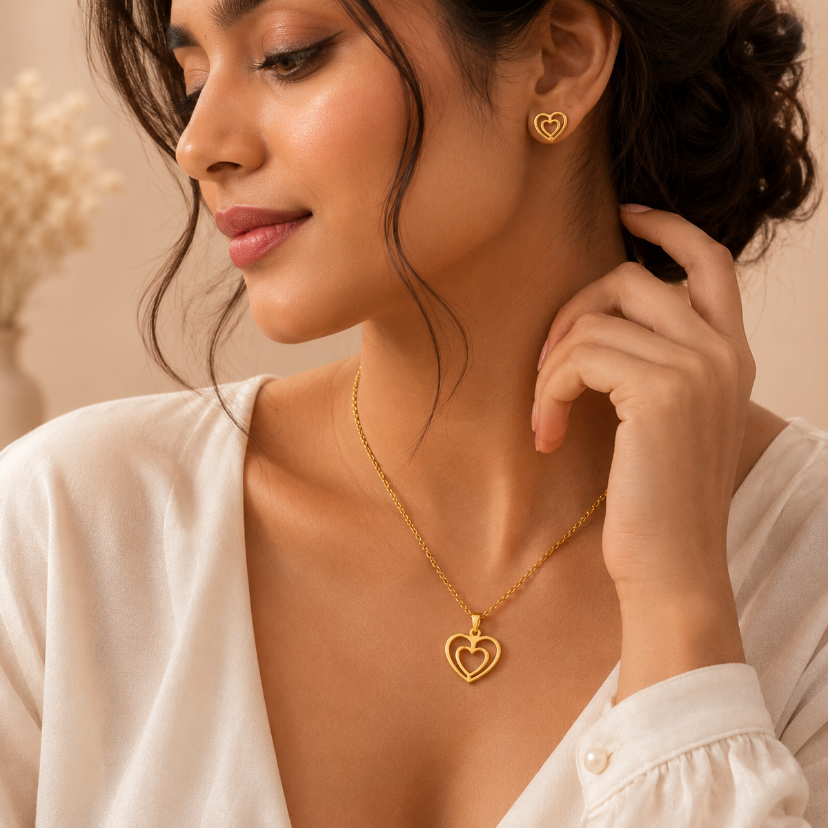 Together DOUBLE HEART Necklace & Earrings Set | Gold-Tone - For Women | Includes: Necklace & 1 Pair of Earrings