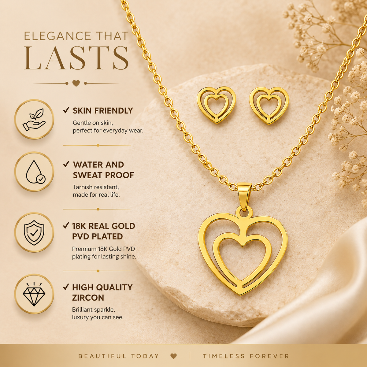 Together DOUBLE HEART Necklace & Earrings Set | Gold-Tone - For Women | Includes: Necklace & 1 Pair of Earrings