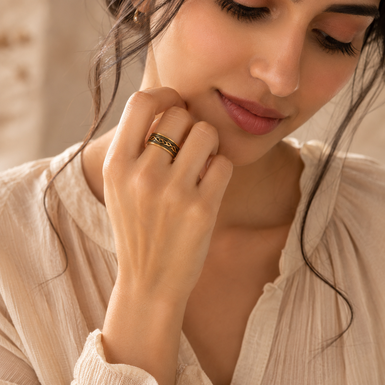 Ethnic Heritage Golden Ring | 18K Real Gold PVD Plated– For Women | Includes: Ring
