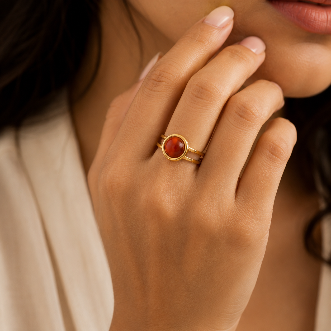 Carnelian Real Stone Flexi Size Golden Ring | 18K Real Gold PVD Plated– For Women | Includes: Ring
