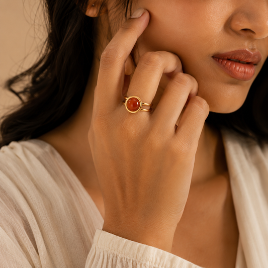 Carnelian Real Stone Flexi Size Golden Ring | 18K Real Gold PVD Plated– For Women | Includes: Ring