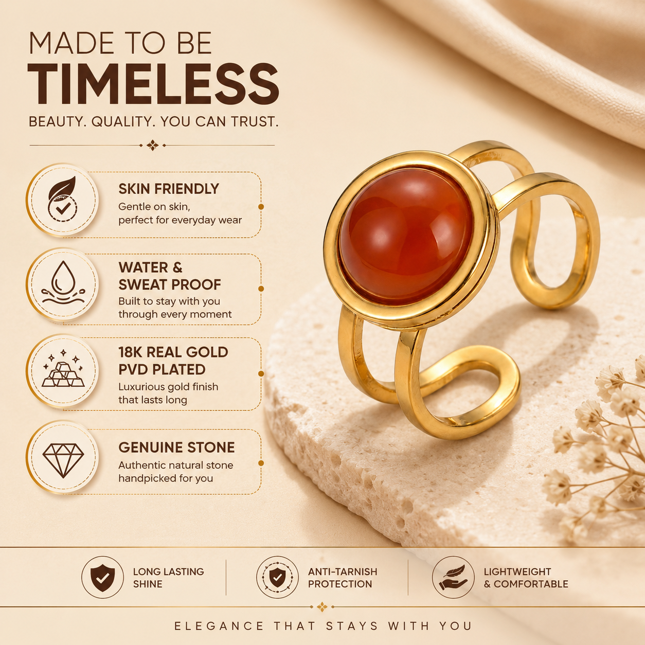 Carnelian Real Stone Flexi Size Golden Ring | 18K Real Gold PVD Plated– For Women | Includes: Ring