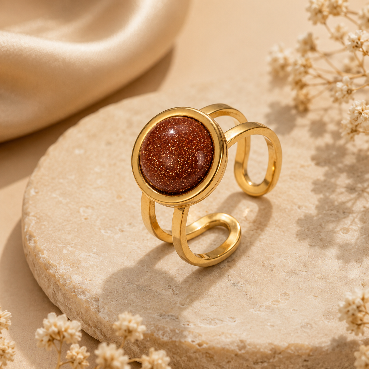 Sun Stone Flexi Size Golden Ring | 18K Real Gold PVD Plated– For Women | Includes: Ring