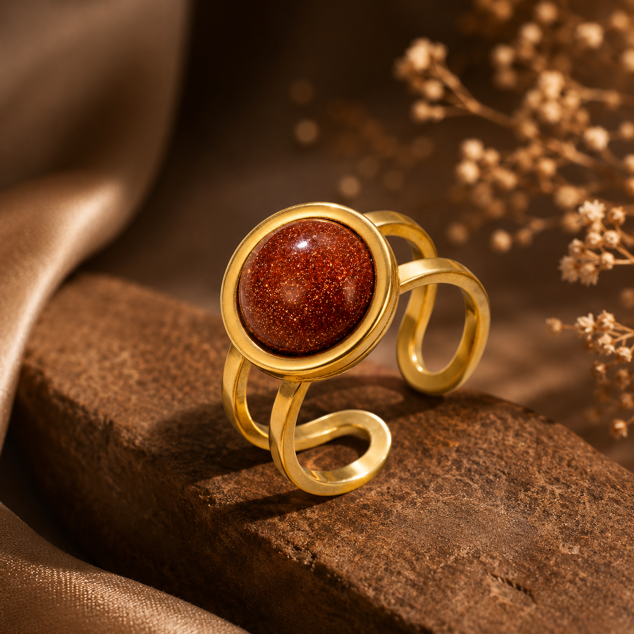 Sun Stone Flexi Size Golden Ring | 18K Real Gold PVD Plated– For Women | Includes: Ring