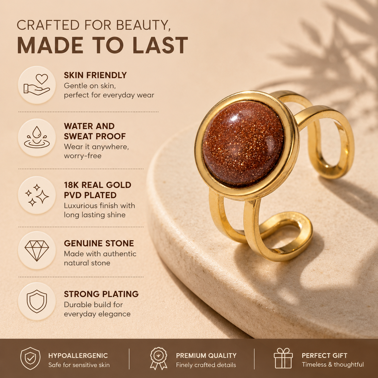 Sun Stone Flexi Size Golden Ring | 18K Real Gold PVD Plated– For Women | Includes: Ring