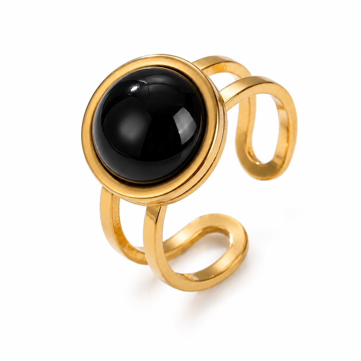 Black Onyx Stone Flexi Size Golden Ring | 18K Real Gold PVD Plated– For Women | Includes: Ring