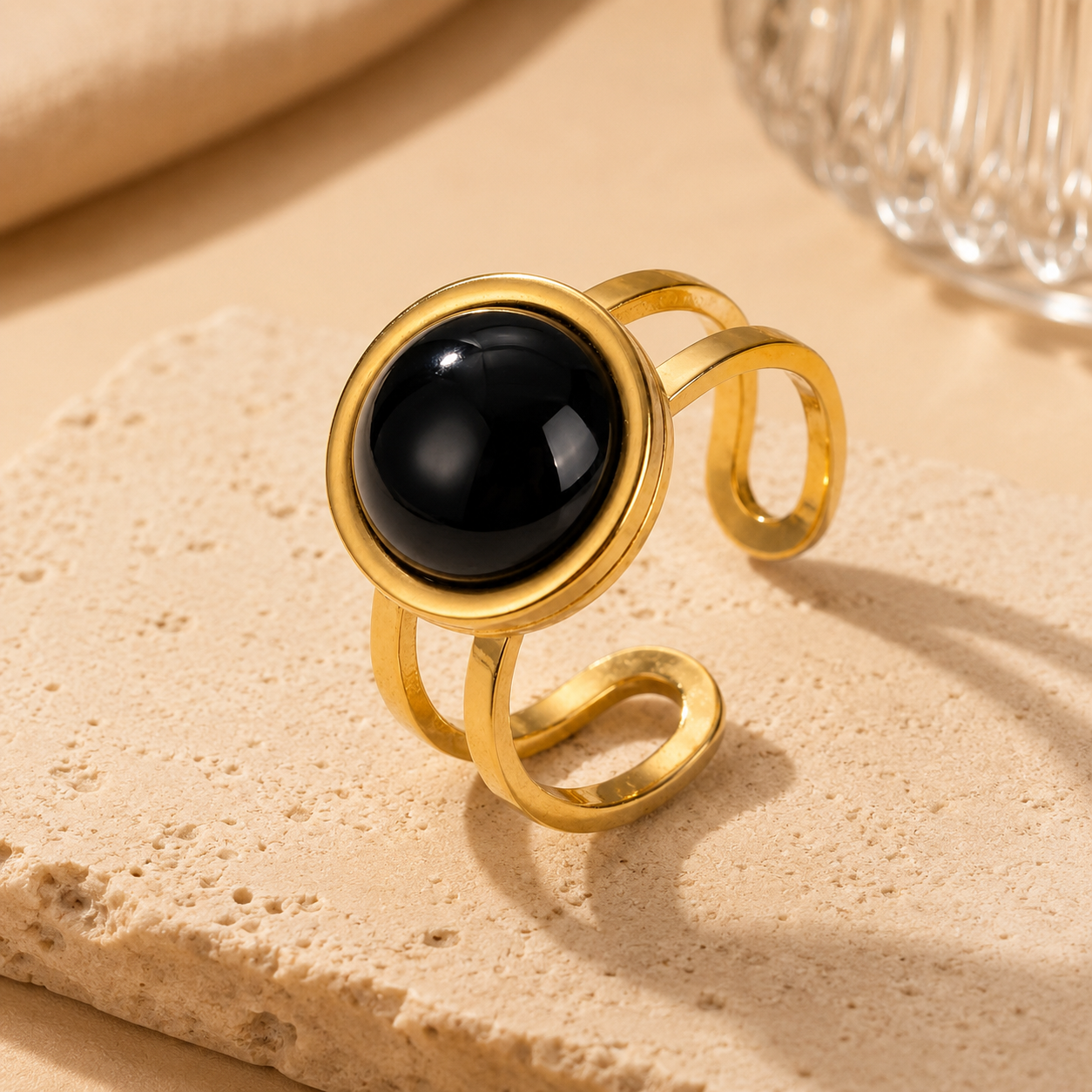 Black Onyx Stone Flexi Size Golden Ring | 18K Real Gold PVD Plated– For Women | Includes: Ring