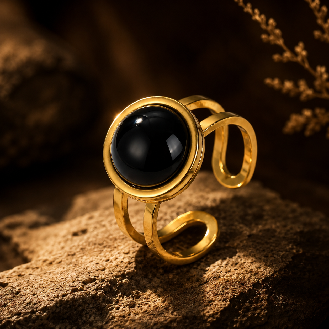 Black Onyx Stone Flexi Size Golden Ring | 18K Real Gold PVD Plated– For Women | Includes: Ring