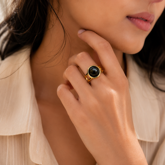 Black Onyx Stone Flexi Size Golden Ring | 18K Real Gold PVD Plated– For Women | Includes: Ring