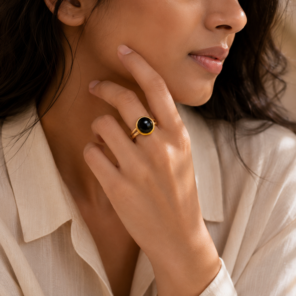 Black Onyx Stone Flexi Size Golden Ring | 18K Real Gold PVD Plated– For Women | Includes: Ring