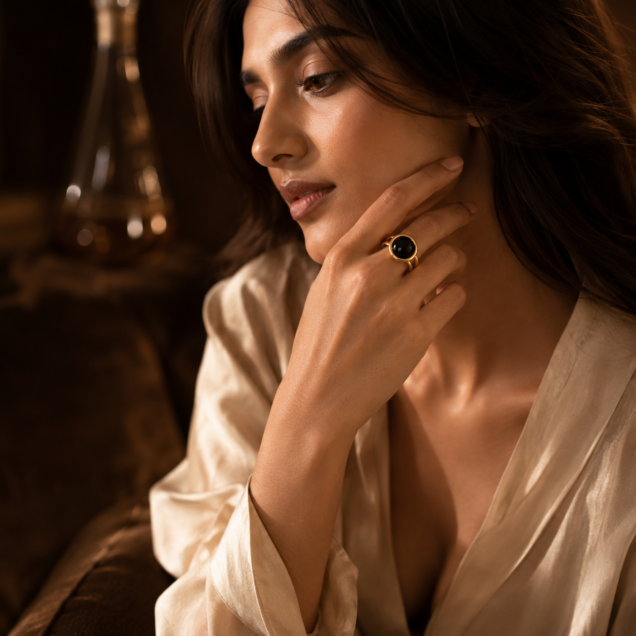 Black Onyx Stone Flexi Size Golden Ring | 18K Real Gold PVD Plated– For Women | Includes: Ring