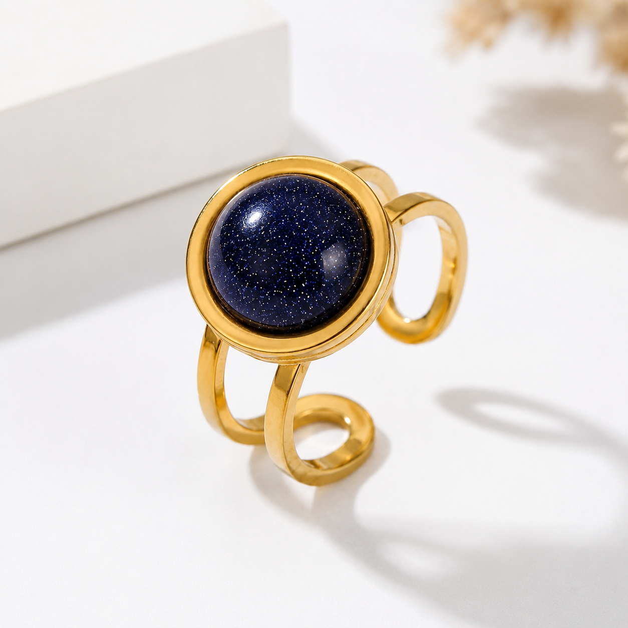 Blue Sand Stone Flexi Size Golden Ring | 18K Real Gold PVD Plated– For Women | Includes: Ring