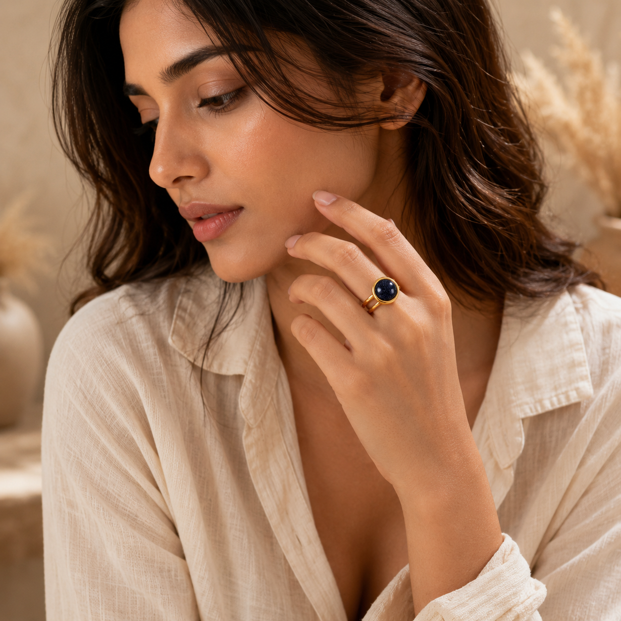 Blue Sand Stone Flexi Size Golden Ring | 18K Real Gold PVD Plated– For Women | Includes: Ring