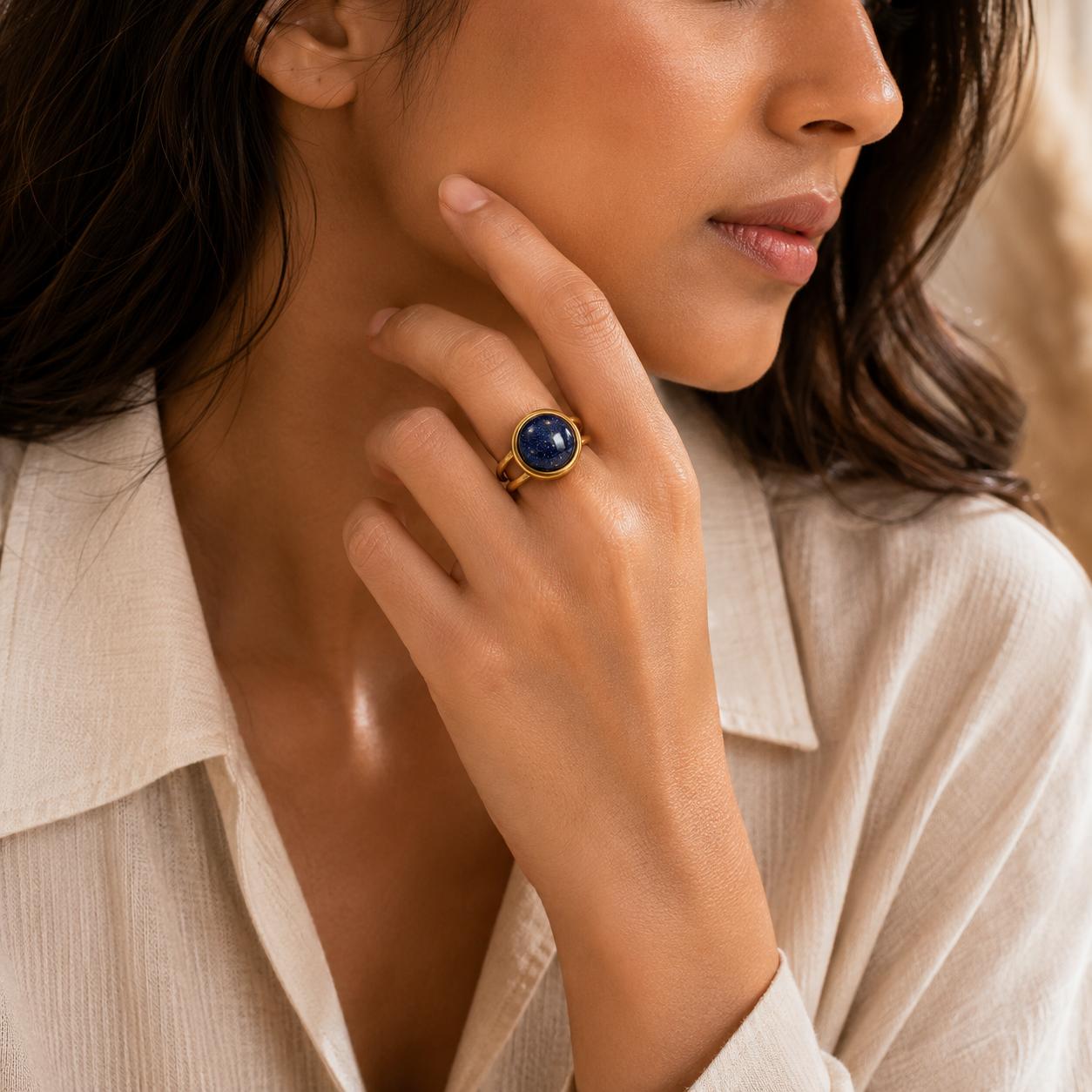 Blue Sand Stone Flexi Size Golden Ring | 18K Real Gold PVD Plated– For Women | Includes: Ring