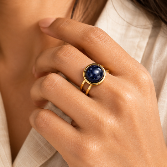 Blue Sand Stone Flexi Size Golden Ring | 18K Real Gold PVD Plated– For Women | Includes: Ring