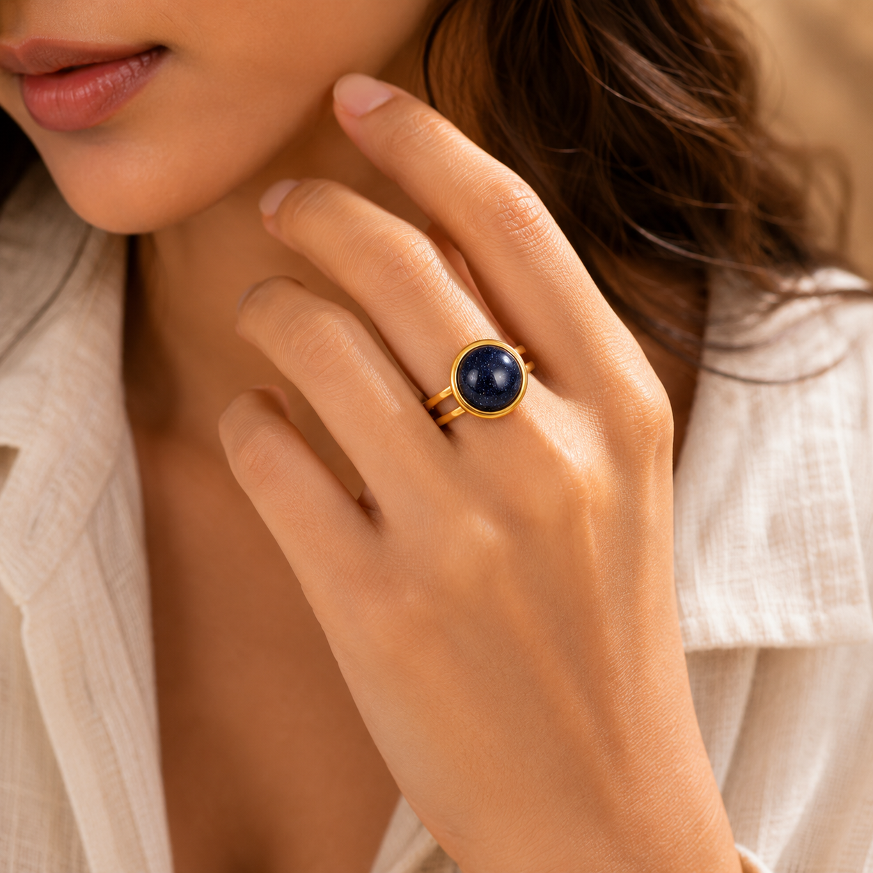 Blue Sand Stone Flexi Size Golden Ring | 18K Real Gold PVD Plated– For Women | Includes: Ring