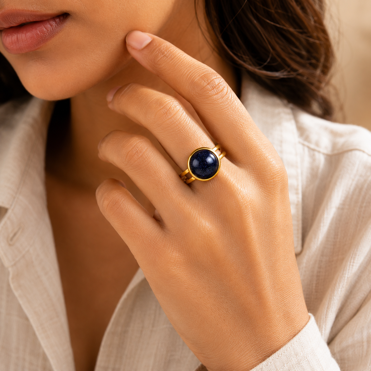 Blue Sand Stone Flexi Size Golden Ring | 18K Real Gold PVD Plated– For Women | Includes: Ring