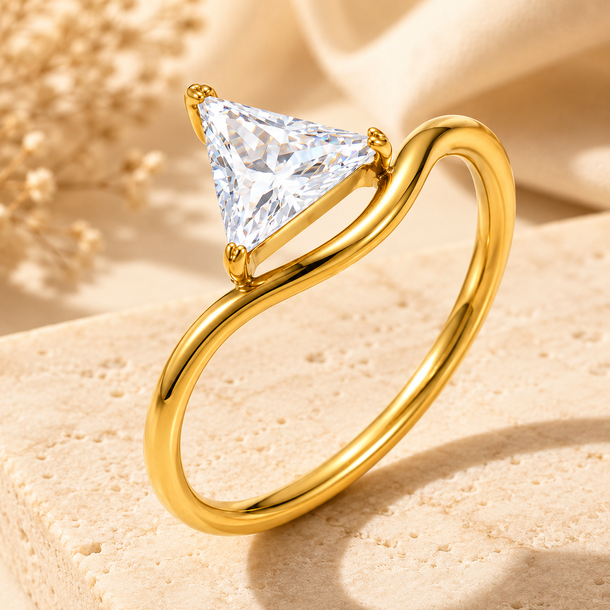 Wavy Ultra Dainty Triangular Solitaire Zircon Ring | 18K PVD Gold Plated- For Women | Includes: Ring