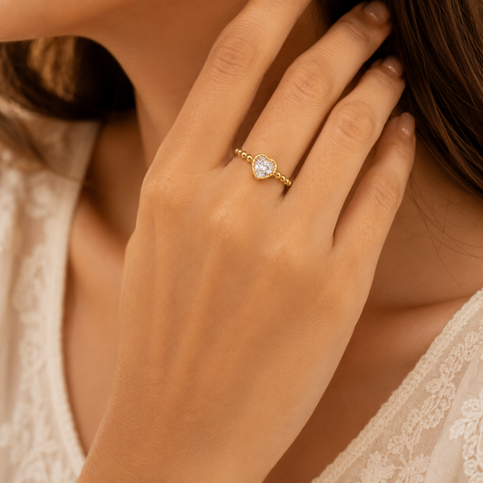 Dainty Solitaire Heart Zircon Flexi Size Ring | 18K PVD Gold Plated- For Women | Includes: Ring