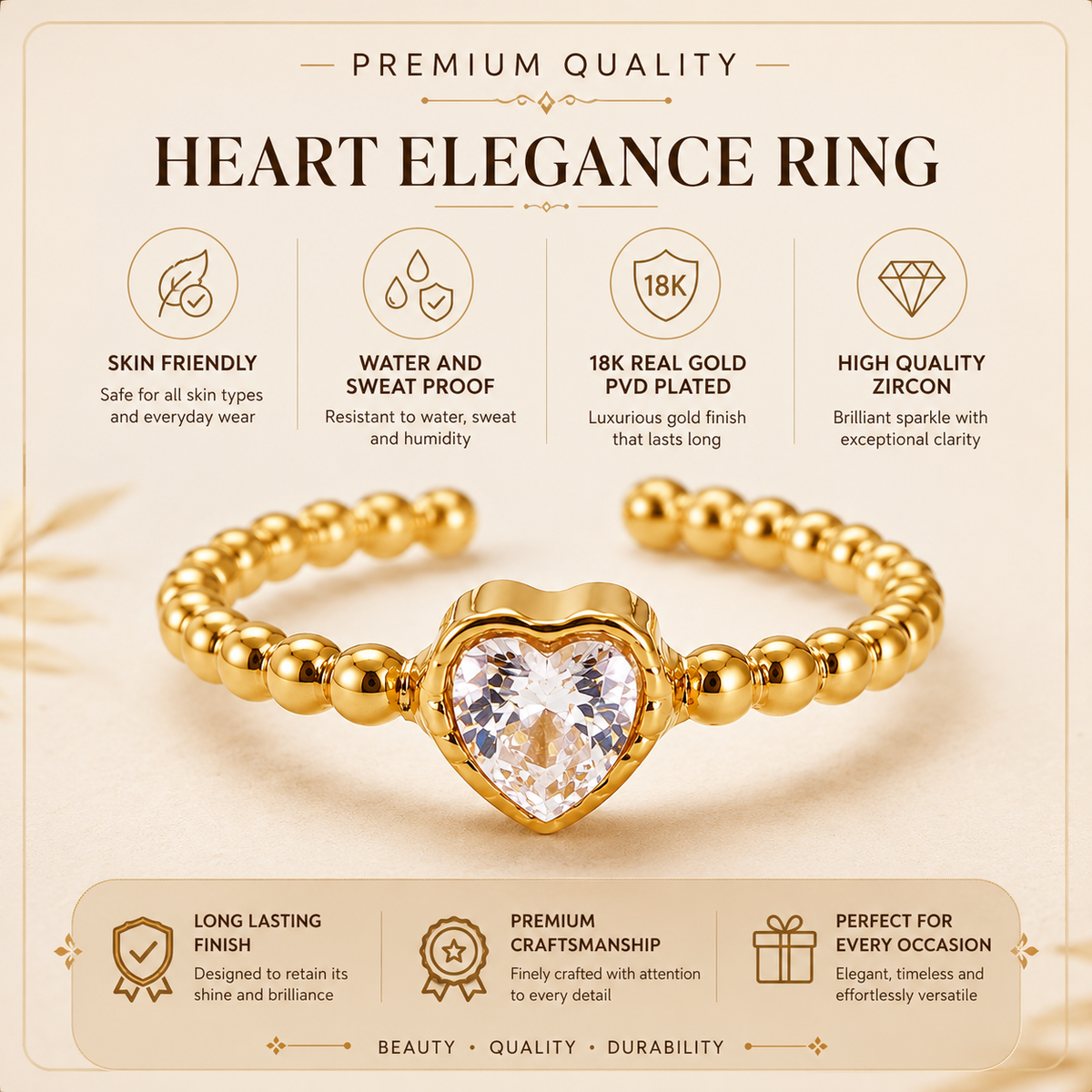 Dainty Solitaire Heart Zircon Flexi Size Ring | 18K PVD Gold Plated- For Women | Includes: Ring