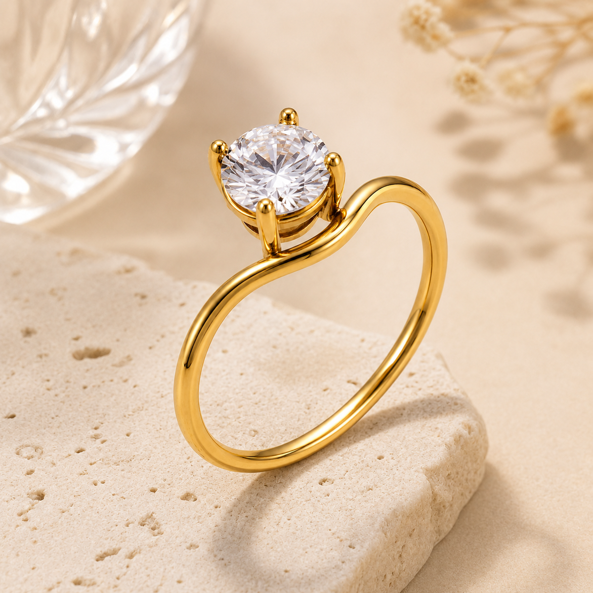 Wavy Ultra Dainty Solitaire Zircon Ring | 18K PVD Gold Plated- For Women | Includes: Ring