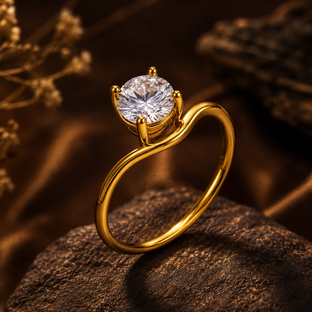 Wavy Ultra Dainty Solitaire Zircon Ring | 18K PVD Gold Plated- For Women | Includes: Ring