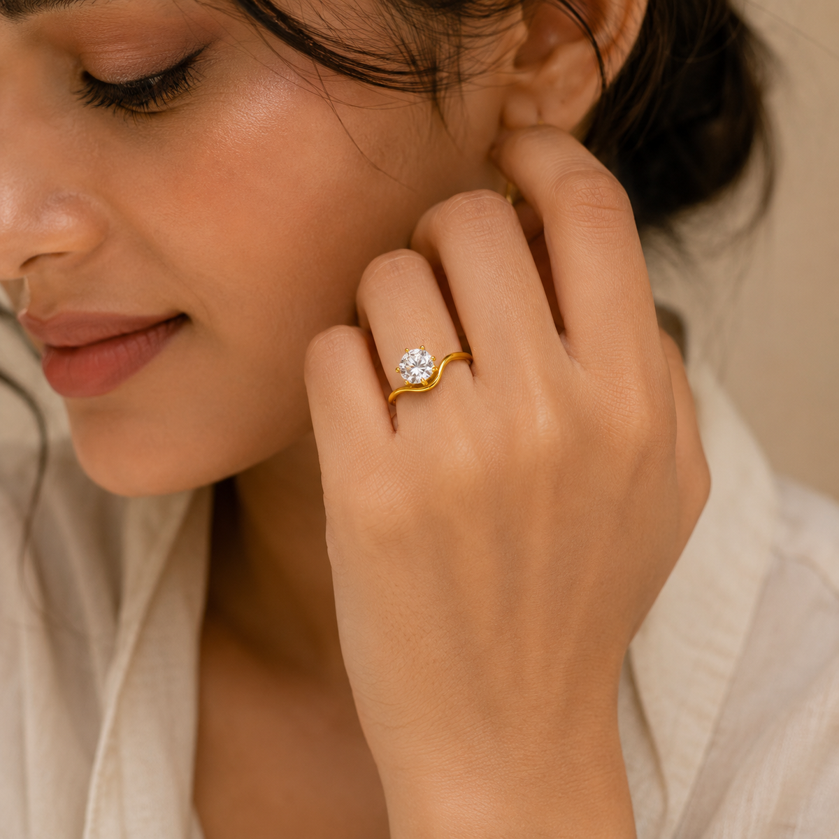 Wavy Ultra Dainty Solitaire Zircon Ring | 18K PVD Gold Plated- For Women | Includes: Ring