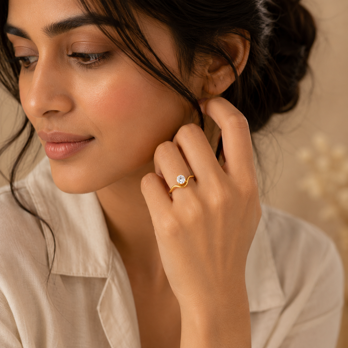 Wavy Ultra Dainty Solitaire Zircon Ring | 18K PVD Gold Plated- For Women | Includes: Ring