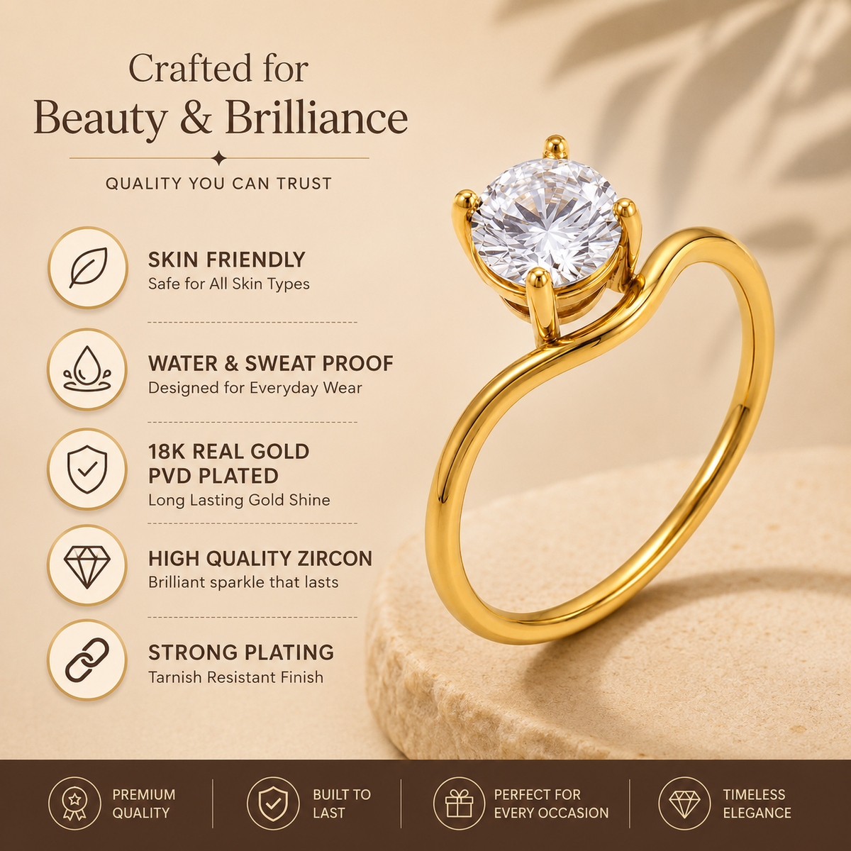 Wavy Ultra Dainty Solitaire Zircon Ring | 18K PVD Gold Plated- For Women | Includes: Ring