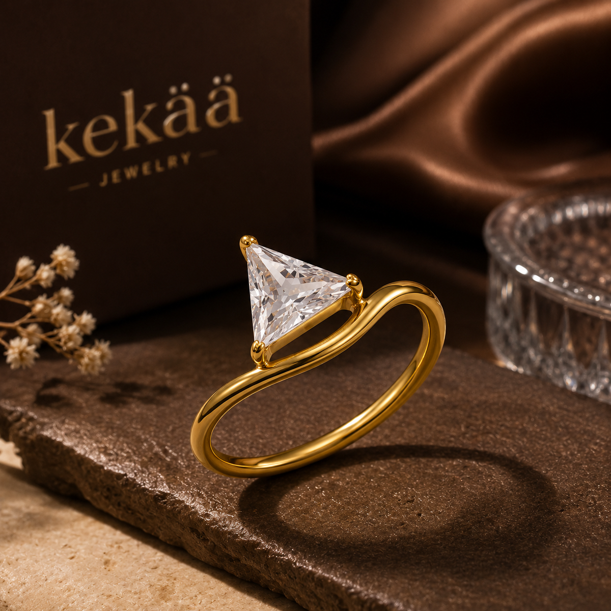 Wavy Ultra Dainty Triangular Solitaire Zircon Ring | 18K PVD Gold Plated- For Women | Includes: Ring