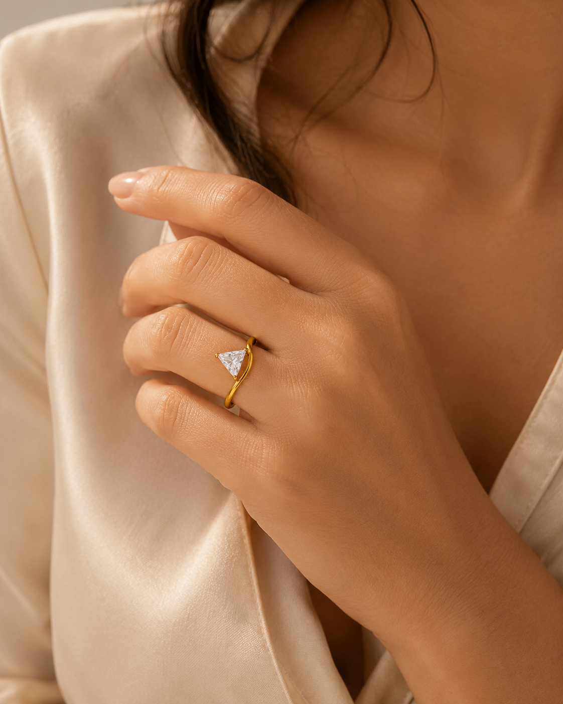 Wavy Ultra Dainty Triangular Solitaire Zircon Ring | 18K PVD Gold Plated- For Women | Includes: Ring