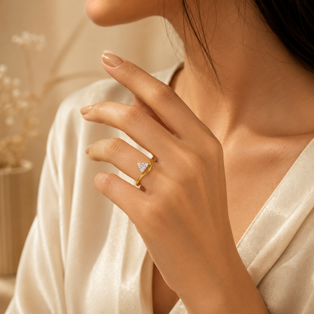 Wavy Ultra Dainty Triangular Solitaire Zircon Ring | 18K PVD Gold Plated- For Women | Includes: Ring