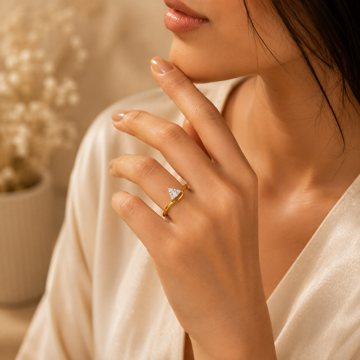 Wavy Ultra Dainty Triangular Solitaire Zircon Ring | 18K PVD Gold Plated- For Women | Includes: Ring