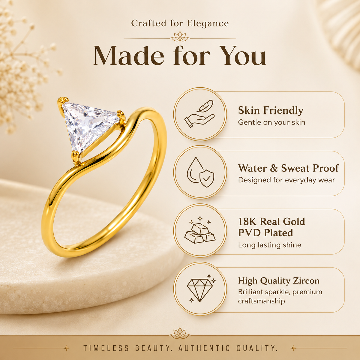 Wavy Ultra Dainty Triangular Solitaire Zircon Ring | 18K PVD Gold Plated- For Women | Includes: Ring