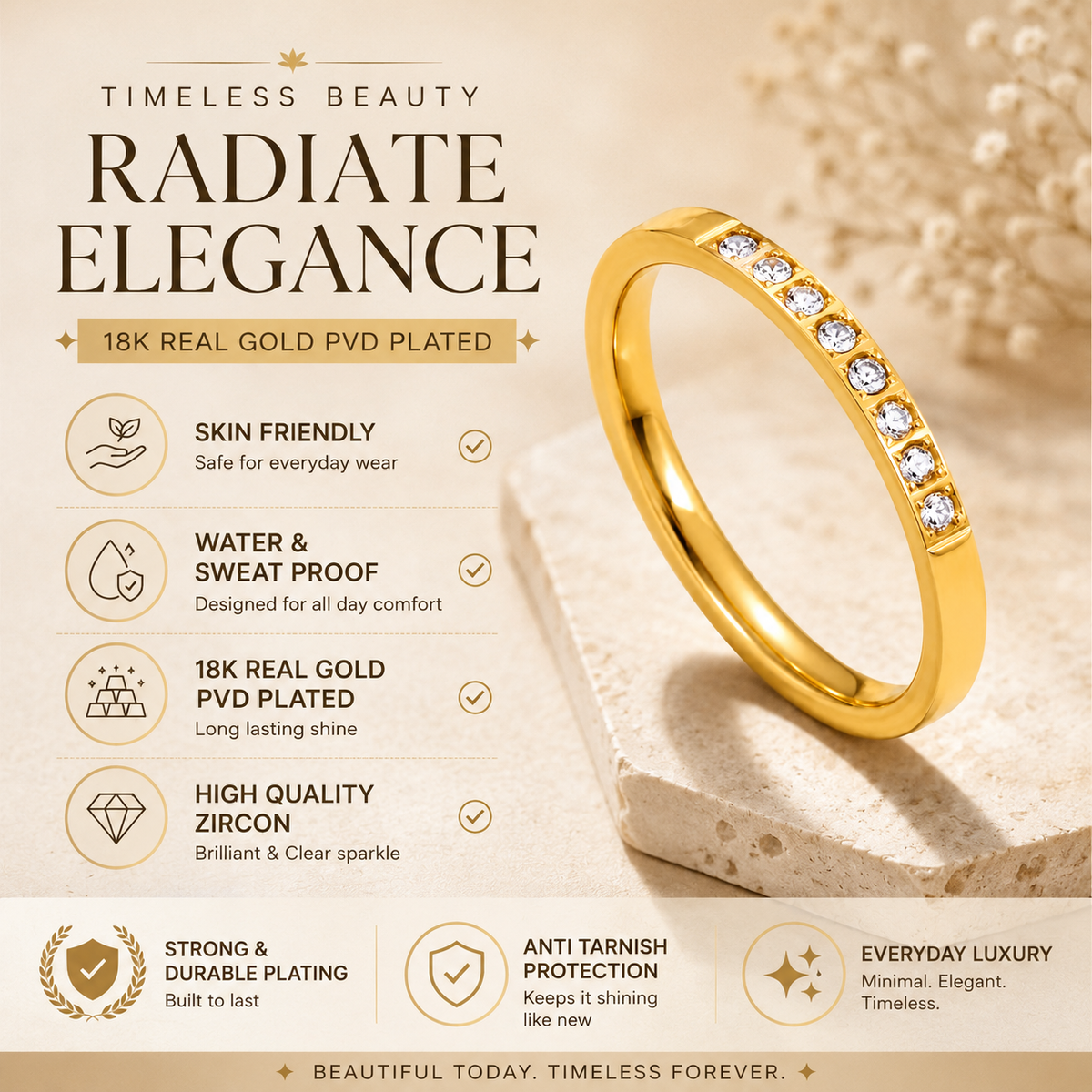 Tennis-Zircon Ultra Dainty Ring | 18K PVD Gold Plated- For Women | Includes: Ring