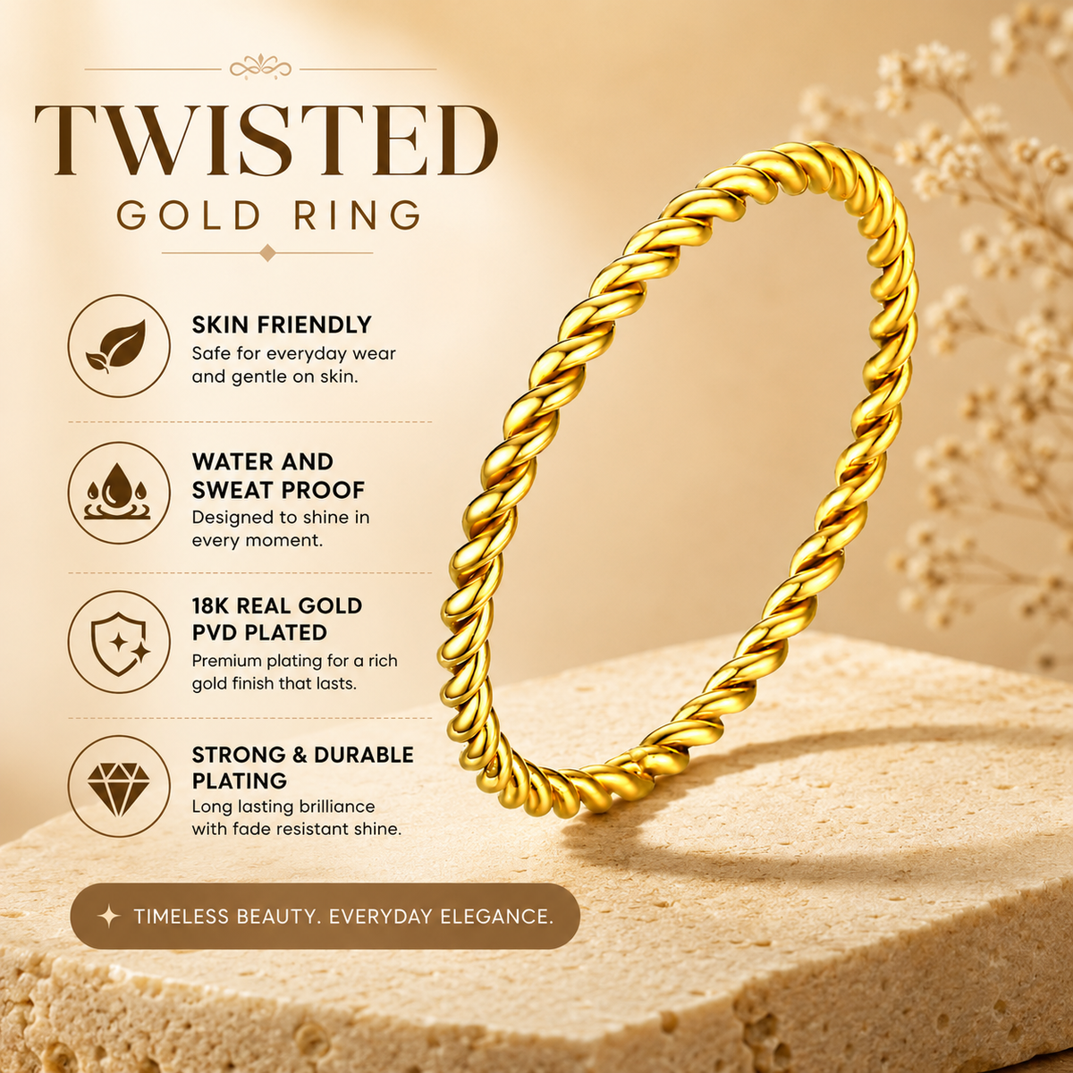 Twisted Rope Ultra Dainty Plain Golden Ring | 18K PVD Gold Plated- For Women | Includes: Ring