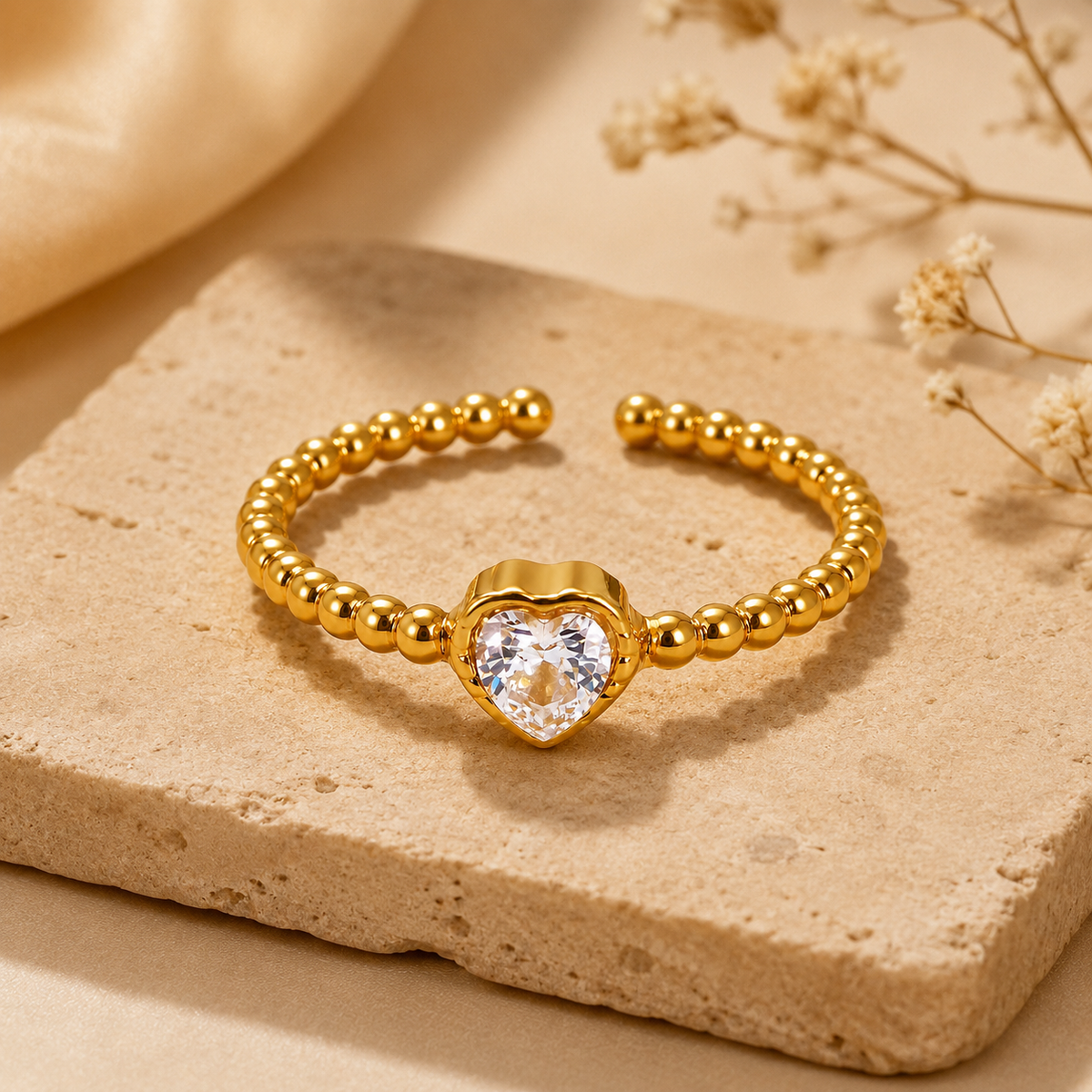 Dainty Solitaire Heart Zircon Flexi Size Ring | 18K PVD Gold Plated- For Women | Includes: Ring