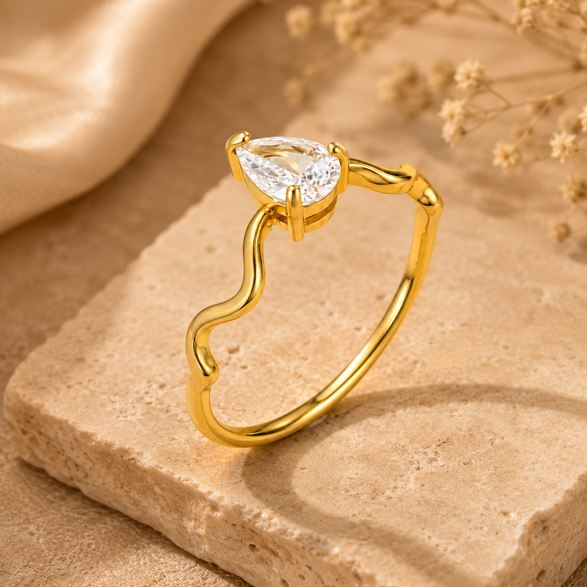 Wavy Ultra Dainty Tear Drop Zircon Ring | 18K PVD Gold Plated- For Women | Includes: Ring