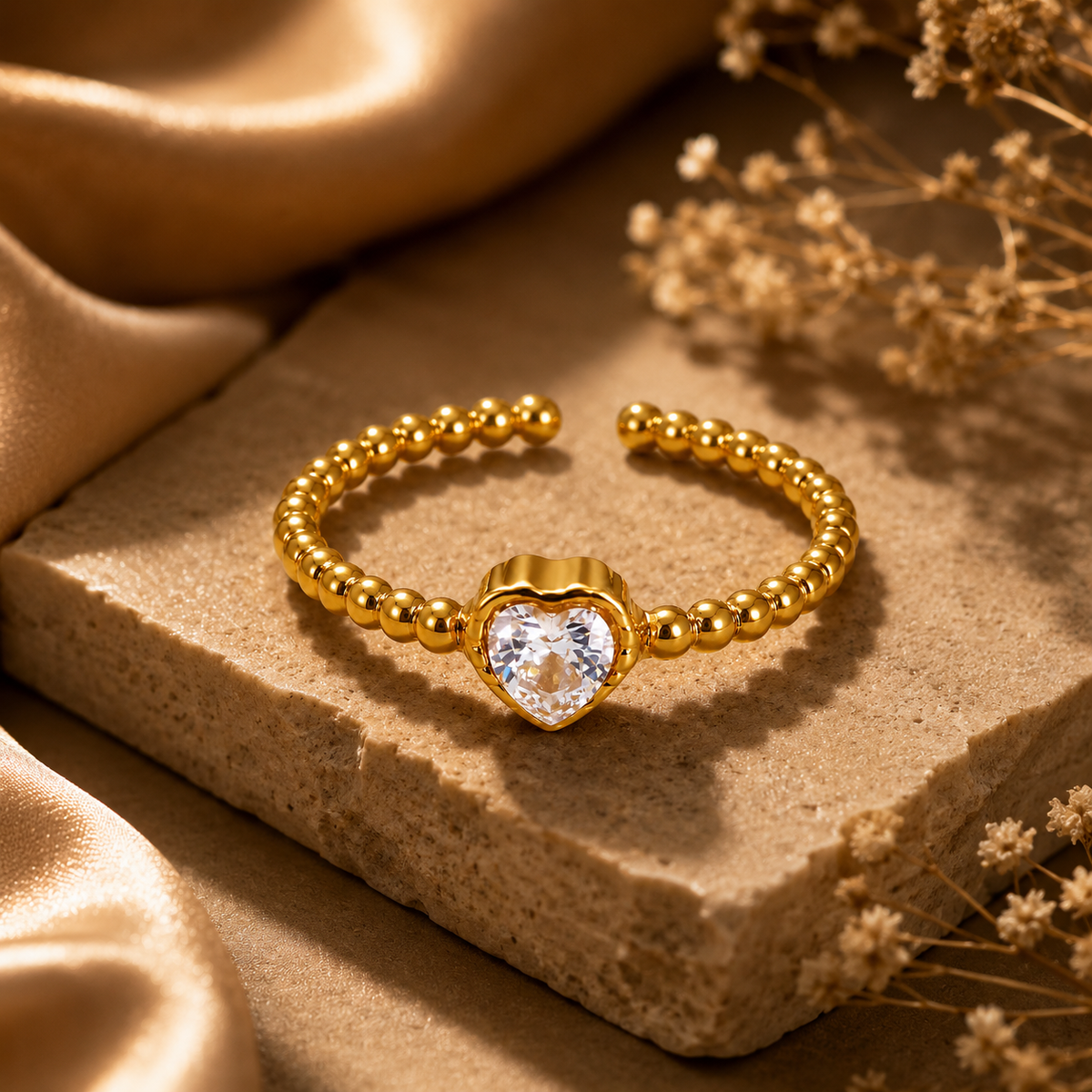 Dainty Solitaire Heart Zircon Flexi Size Ring | 18K PVD Gold Plated- For Women | Includes: Ring