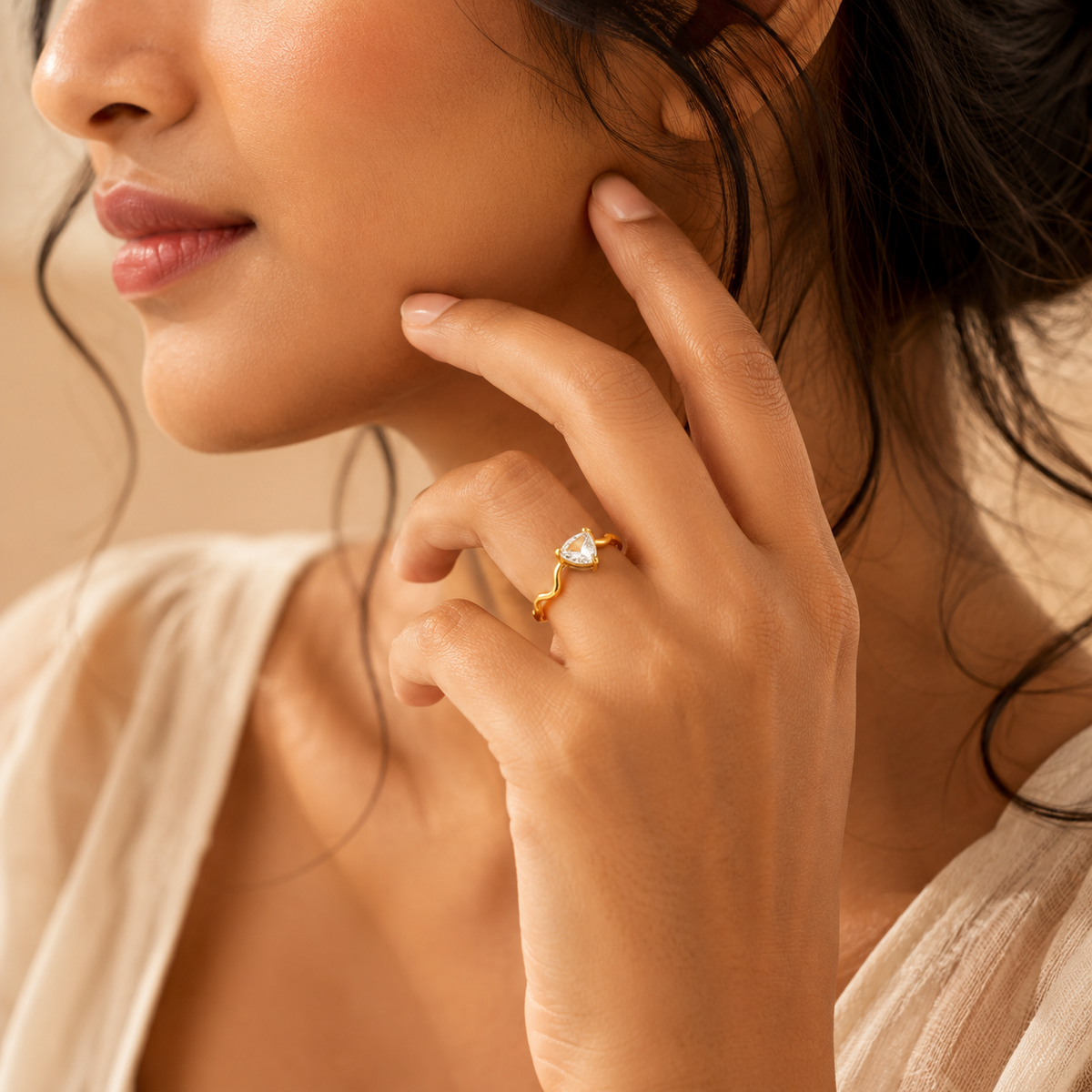 Wavy Ultra Dainty Tear Drop Zircon Ring | 18K PVD Gold Plated- For Women | Includes: Ring
