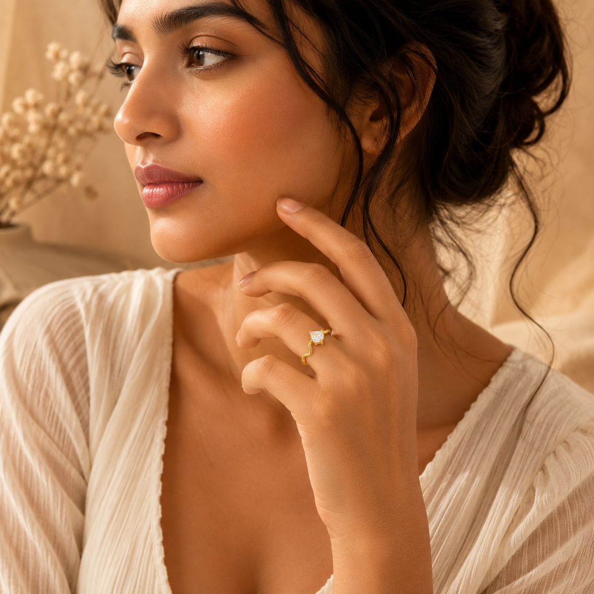 Wavy Ultra Dainty Tear Drop Zircon Ring | 18K PVD Gold Plated- For Women | Includes: Ring