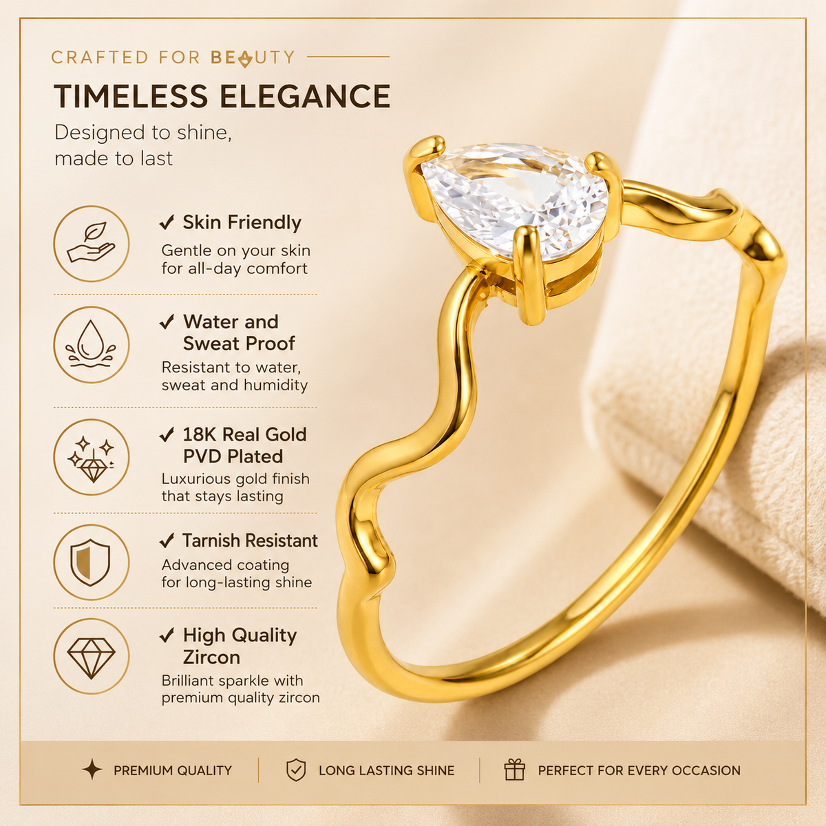 Wavy Ultra Dainty Tear Drop Zircon Ring | 18K PVD Gold Plated- For Women | Includes: Ring
