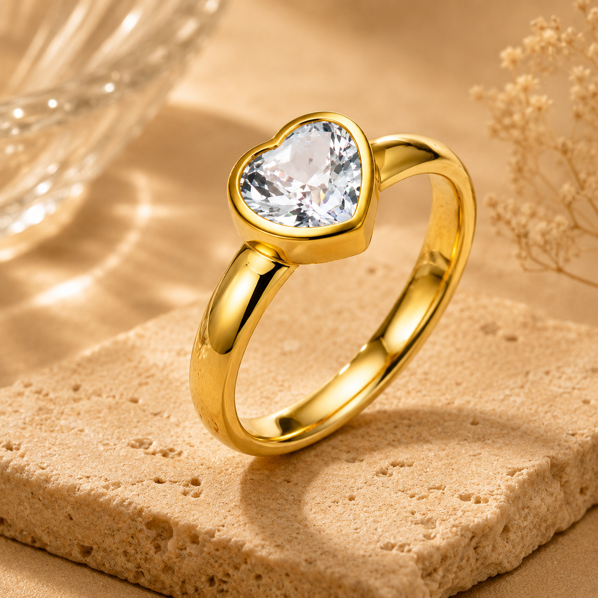 Hearty Solitaire Zircon Golden classic Ring | 18K PVD Gold Plated- For Women | Includes: Ring