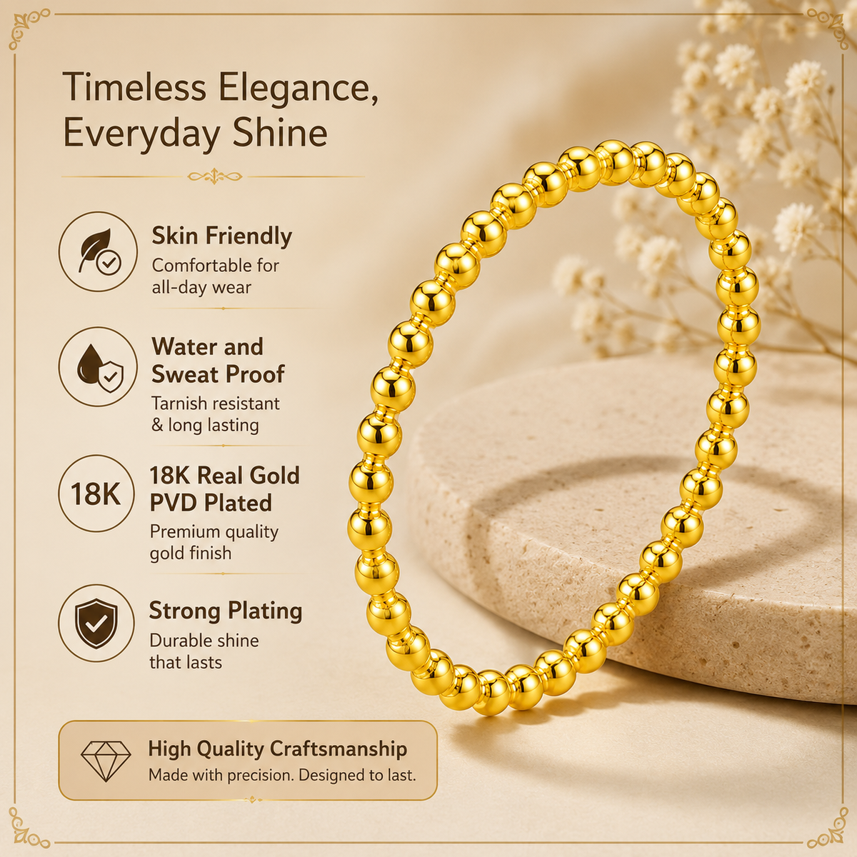 Bead Style Ultra Dainty Plain Golden Ring | 18K PVD Gold Plated- For Women | Includes: Ring