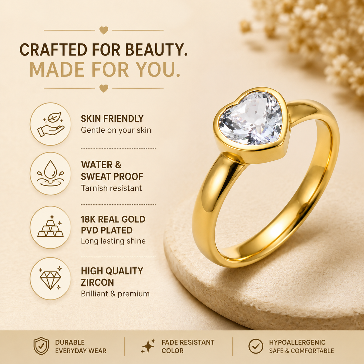 Hearty Solitaire Zircon Golden classic Ring | 18K PVD Gold Plated- For Women | Includes: Ring