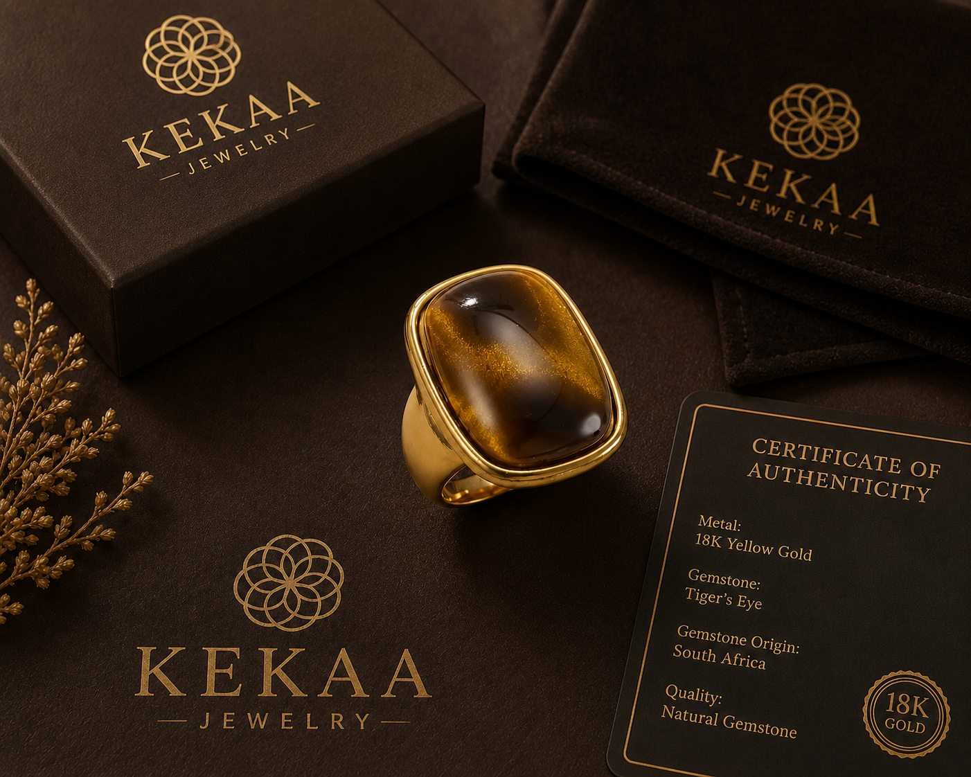 Ultra Bold Natural Cat's Eye Stone Golden Ring | 18K Real Gold PVD Plated– For Women | Includes: Ring