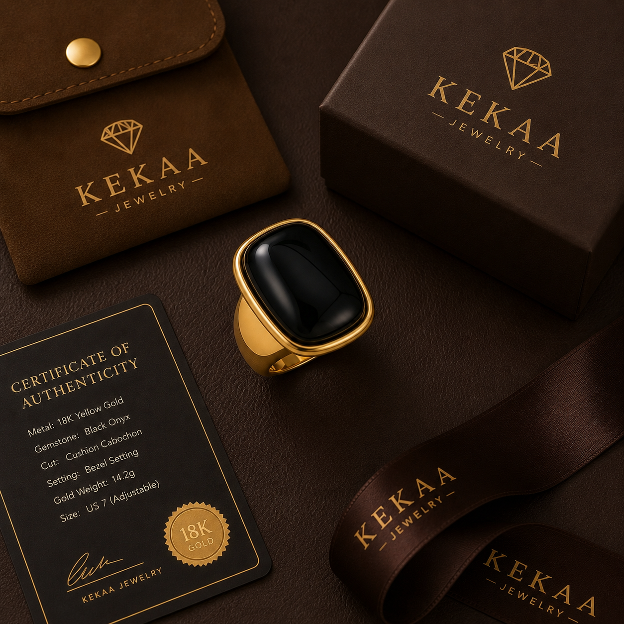 Ultra Bold Natural Black Agate Stone Golden Ring | 18K Real Gold PVD Plated– For Women | Includes: Ring